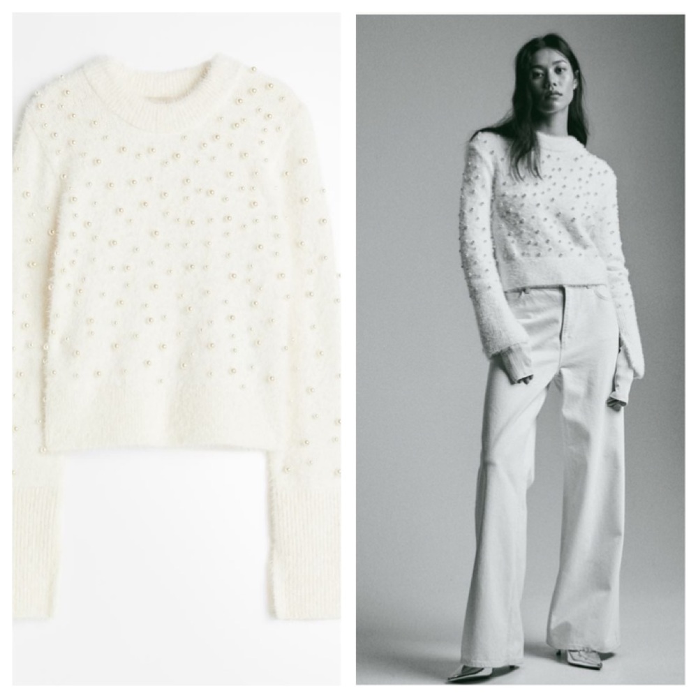 H&M Cream Beaded Knit Sweater